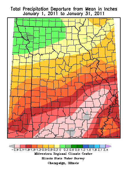 Total Precipitation Departure from Mean in Inches, Jan. 1, 2011 - Jan. 31, 2011