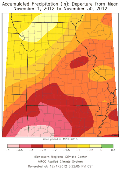 Accumulated Precipitation (in), departure from mean, November 2012