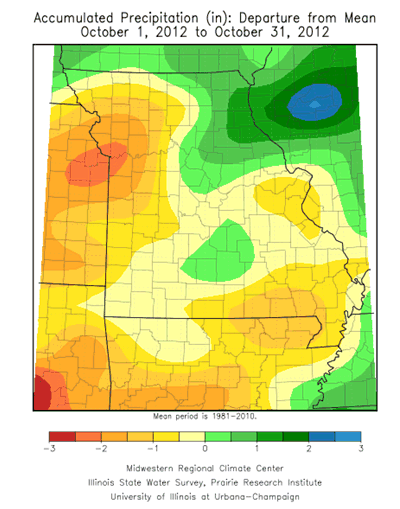 Accumulated Precipitation (in), departure from mean, October 2012