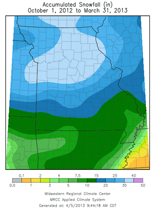 Accumulated Snowfall (in) October 1, 2012 to March 31, 2013