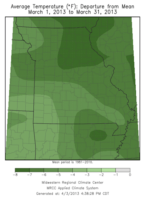 Average Temperature (°F) Departure from Mean:  March 1, 2013 to March 31, 2013