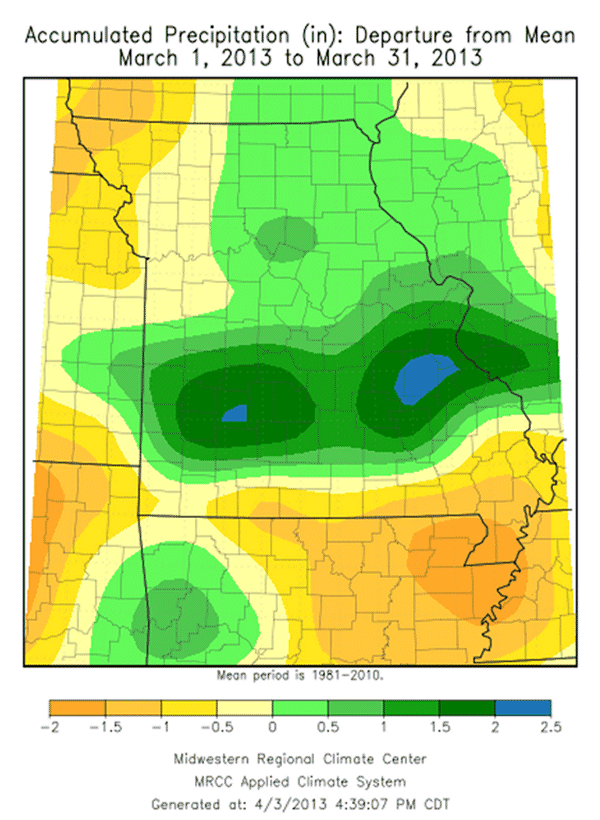 Accumulated Precipitation (in): Departure from Mean March 1, 2013 to March 31, 2013