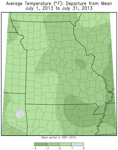 Average Temperature (°F) Departure from Mean: July 1, 2013 to July 31, 2013