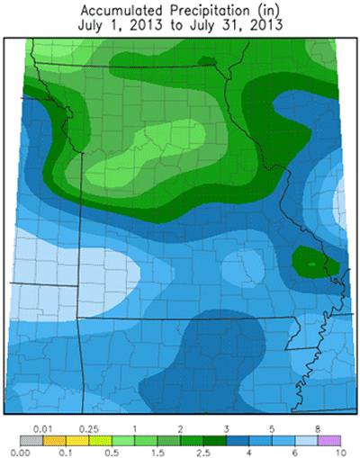 Accumulated Preciptation (in): July 1, 2013 to July 31, 2013