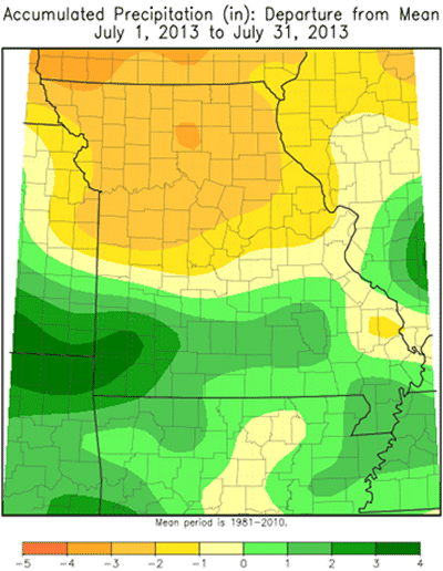 Accumulated Preciptation (in) Departure from Mean: July 1, 2013 to July 31, 2013