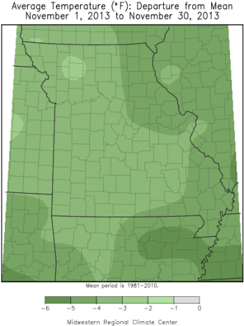 Average Temperature (°F) Departure from Mean: November 1, 2013 to November 30, 2013