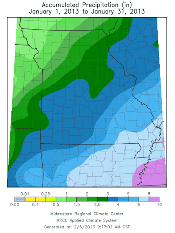 Accumulated Precipitation (in), January 1-31, 2013