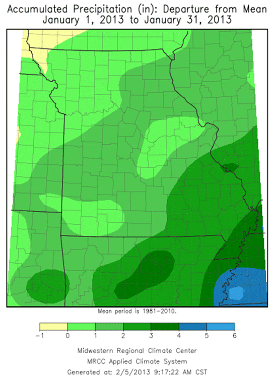 Accumulated Precipitation Departure from Average (in), January 1-31, 2013