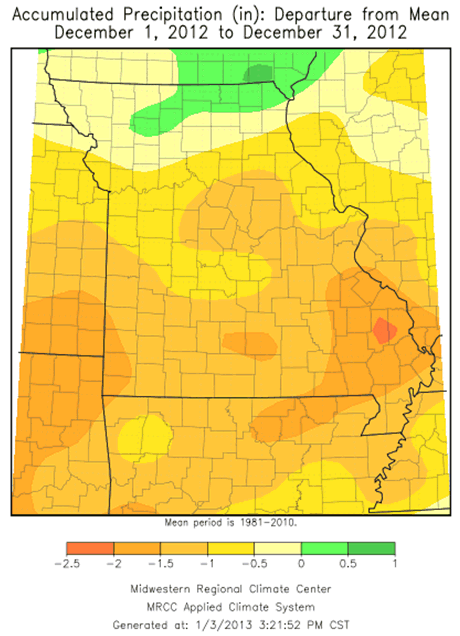 Accumulated Precipitation (in), departure from mean, December 2012