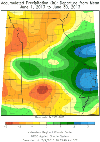 Accumulated Preciptation (in) Departure from Mean: June 1, 2013 to June 30, 2013