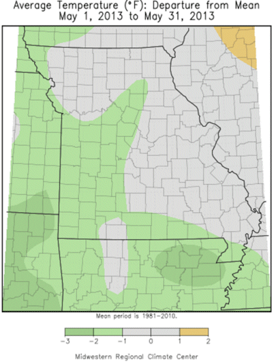 Average Temperature (°F) Departure from Mean: May 1, 2013 to May 31, 2013