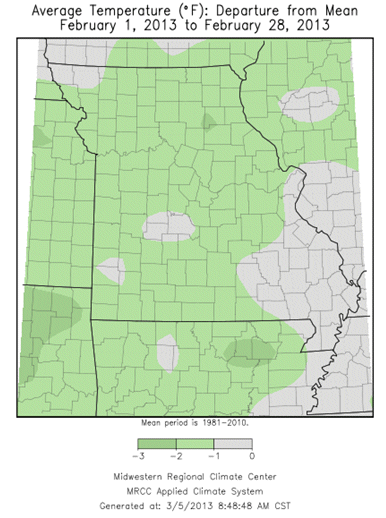 Average Temperature (°F):  Departure from Mean February 1, 2013 to February 28, 2013