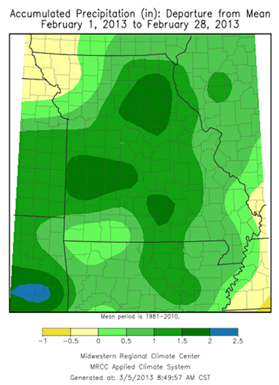 Accumulated Precipitation (in): Departure from Mean February 1, 2013 to February 28, 2013