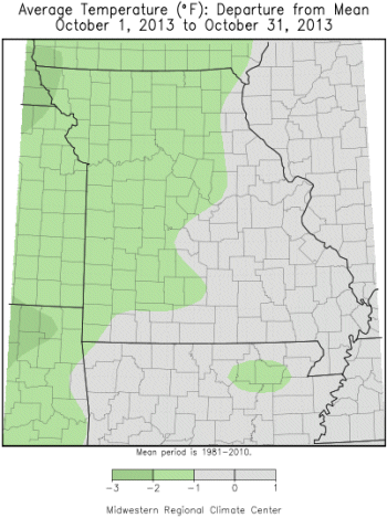 Average Temperature (°F) Departure from Mean: October 1, 2013 to October 31, 2013