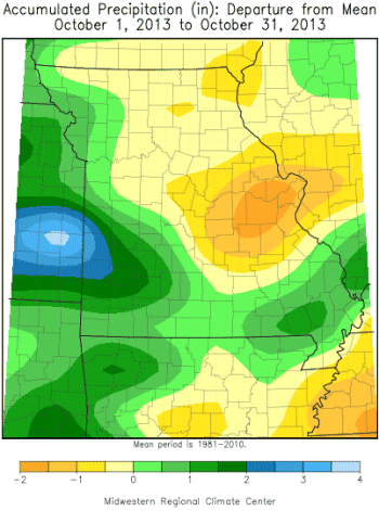 Accumulated Preciptation (in) Departure from Mean: October 1, 2013 to October 31, 2013