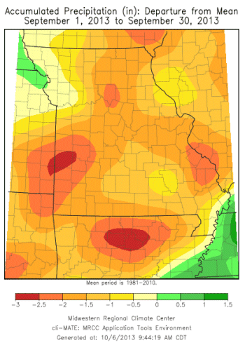 Accumulated Preciptation (in) Departure from Mean: September 1, 2013 to September 30, 2013