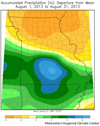 Accumulated Preciptation (in) Departure from Mean: August 1, 2013 to August 31, 2013