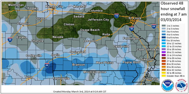 Observed 48 hour snowfall ending at 7 am, 03/03/2014