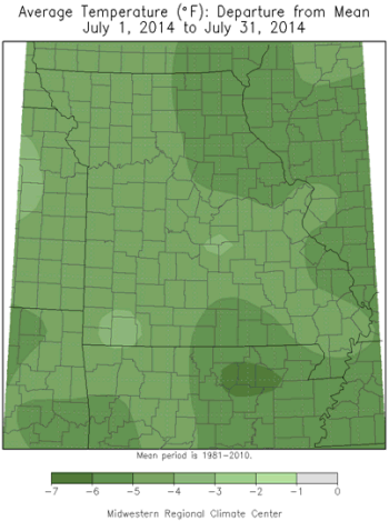 Average Temperature (°F): Departure from Mean; July 1, 2014 to July 31, 2014