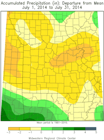 Accumulated Precipitation (in): Departure from Mean, July 1, 2014 to July 31, 2014