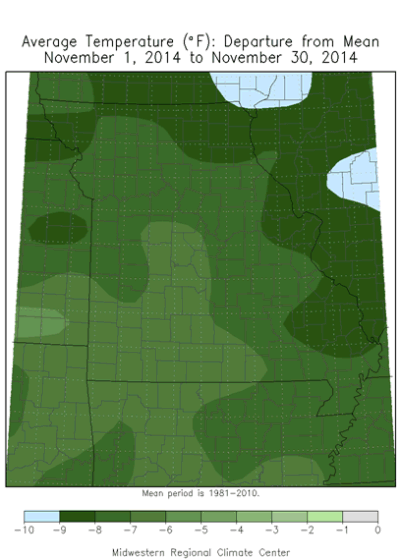 Average Temperature (°F): Departure from Mean November 1, 2014 - November 30, 2014