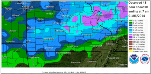 Observed 48-hour snowfall ending at 7 a.m., January 6, 2014