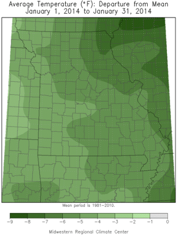 Average Temperature (°F) Departure from Mean: January 1, 2014 to January 31, 2014