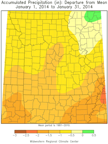Accumulated Preciptation (in) Departure from Mean: January 1, 2014 to January 31, 2014