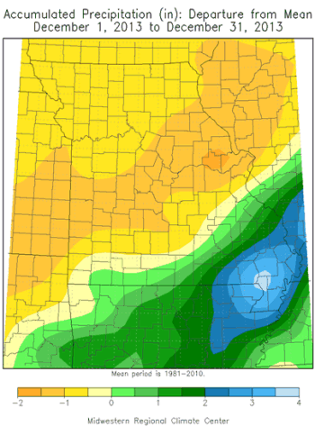 Accumulated Preciptation (in) Departure from Mean: December 1, 2013 to December 31, 2013