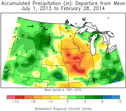 Accumulated Preciptation (in) Departure from Mean: July 1, 2013 - February 28, 2014