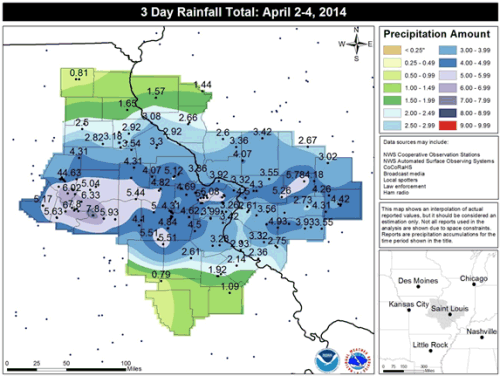 April 2-4, 2014 rainfall map. Source: NWS Forecast Office, St. Louis, MO
