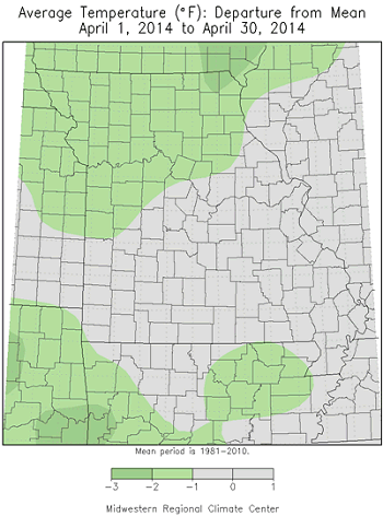 Average Temperature (F): Departure from Mean, April 1, 2014 to April 30, 2014