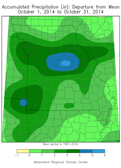 Accumulated Precipitation (in): Departure from Mean October 1, 2014 - October 31, 2014