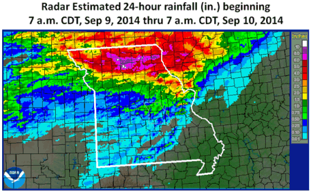 Radar Estimated 24-hour rainfall (in.) beginning 7 a.m. CDT, Sep 9, 2014 thru 7 a.m. CDT, Sep 10, 2014