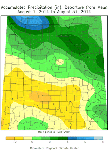 Accumulated Precipitation (in): Departure from Mean, August 1, 2014 to August 31, 2014