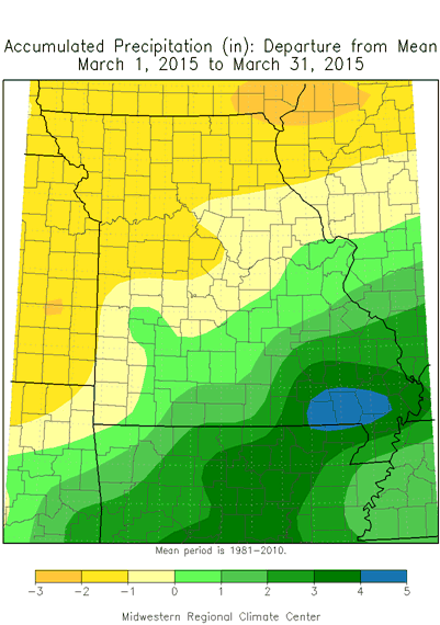 Accumulated Precipitation (in): Departure from Mean March 1, 2015 - March 31, 2015