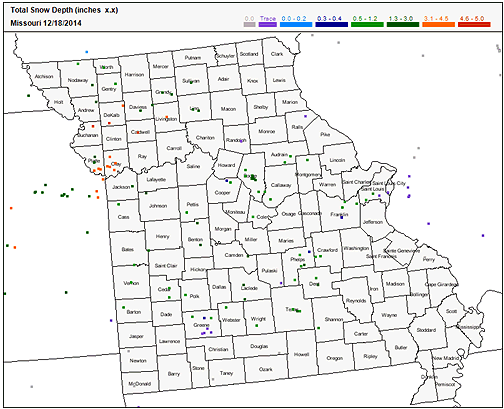 Total Snow Depth (inches) Missouri - December 18, 2014