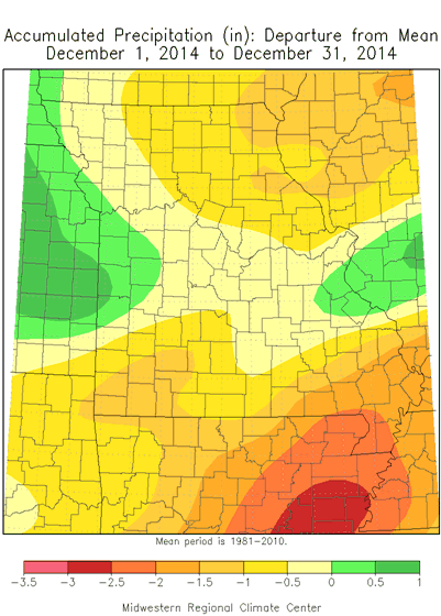 Accumulated Precipitation (in): Departure from Mean December 1, 2014 - December 31, 2014