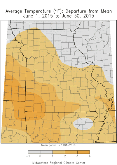 Average Temperature (F): Departure from Mean June 1, 2015 to June 30, 2015