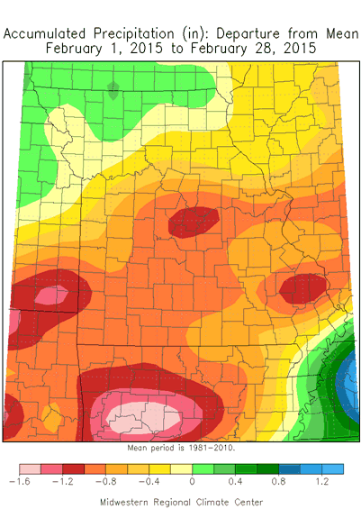 Accumulated Precipitation (in): Departure from Mean February 1, 2015 - February 28, 2015