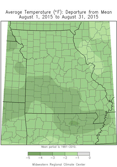 Average Temperature (F): Departure from Mean August 1, 2015 to August 31, 2015