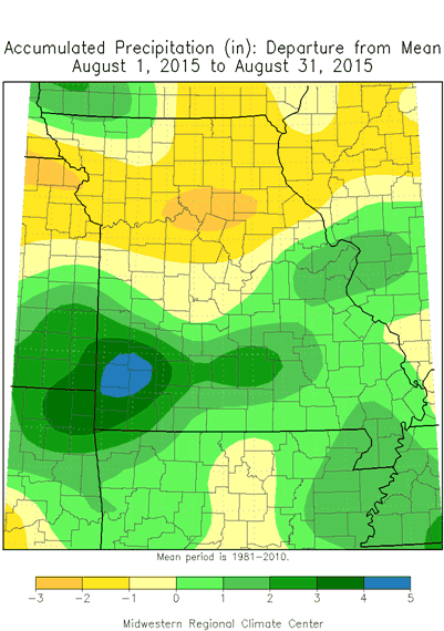 Accumulated Precipitation (in): Departure from Mean August 1, 2015 to August 31, 2015