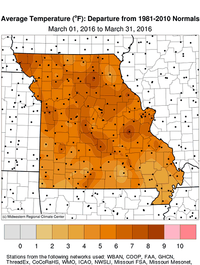 Average Temperature (°F): Departure from 1981-2010 Normals March 01, 2016 to March 31, 2016