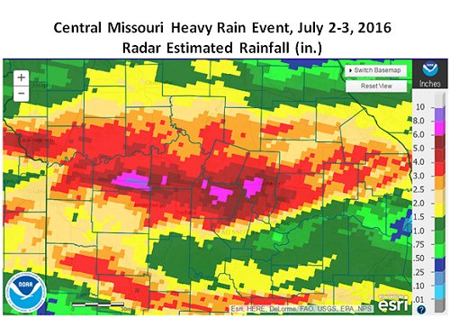 Central Missouri Heavy Rain Event, July 2-3, 2016 Radar Estimated Rainfall (in.)