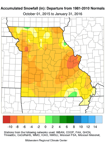 Accumulated Snowfall (in): Departure from 1981-2010 Normals October 01, 2015 to January 31, 2016