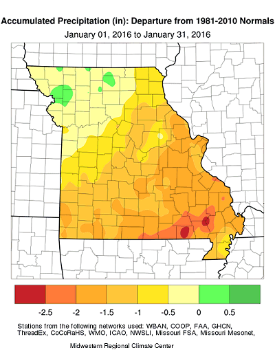 Accumulated Precipitation (in): Departure from 1981-2010 Normals January 01, 2016 to January 31, 2016