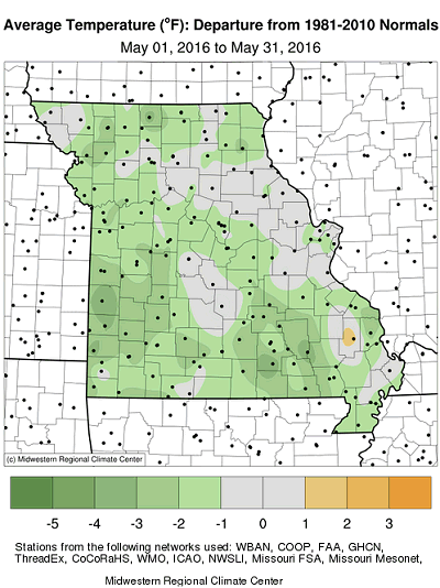 Average Temperature (°F): Departure from 1981-2010 Normals May 01, 2016 to May 31, 2016
