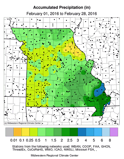 Accumulated Precipitation (in): February 01, 2016 to February 28, 2016