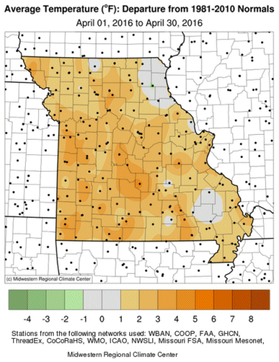 Average Temperature (°F): Departure from 1981-2010 Normals April 01, 2016 to April 30, 2016
