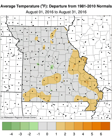 Average Temperature (°F): Departure from 1981-2010 Normals August 01, 2016 to August 31, 2016